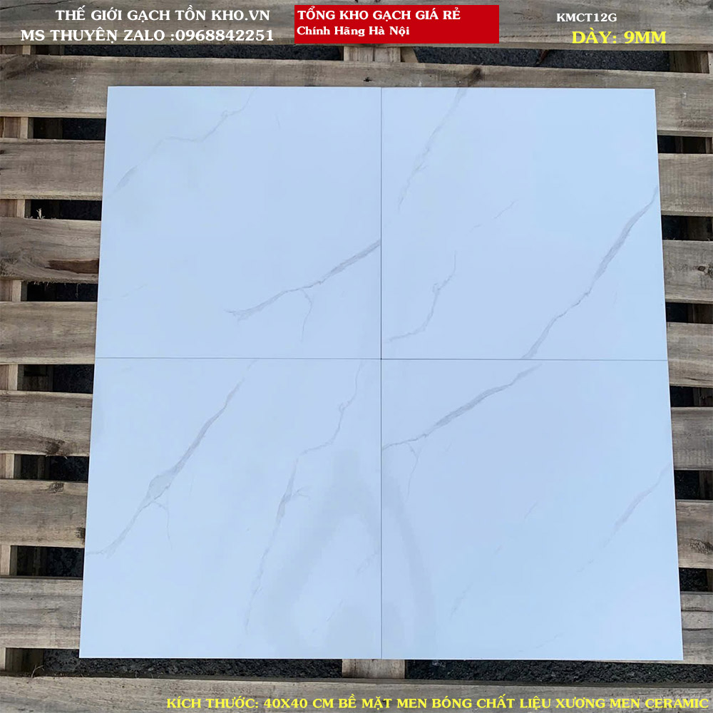 Gạch lát nền giá rẻ 40x40 loại 1 màu trắng vân men bóng KMCT12G